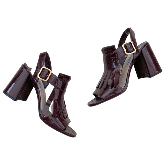 PRADA Burgundy Fringe Patent Leather Heel Sandals - Picture 2 of 8